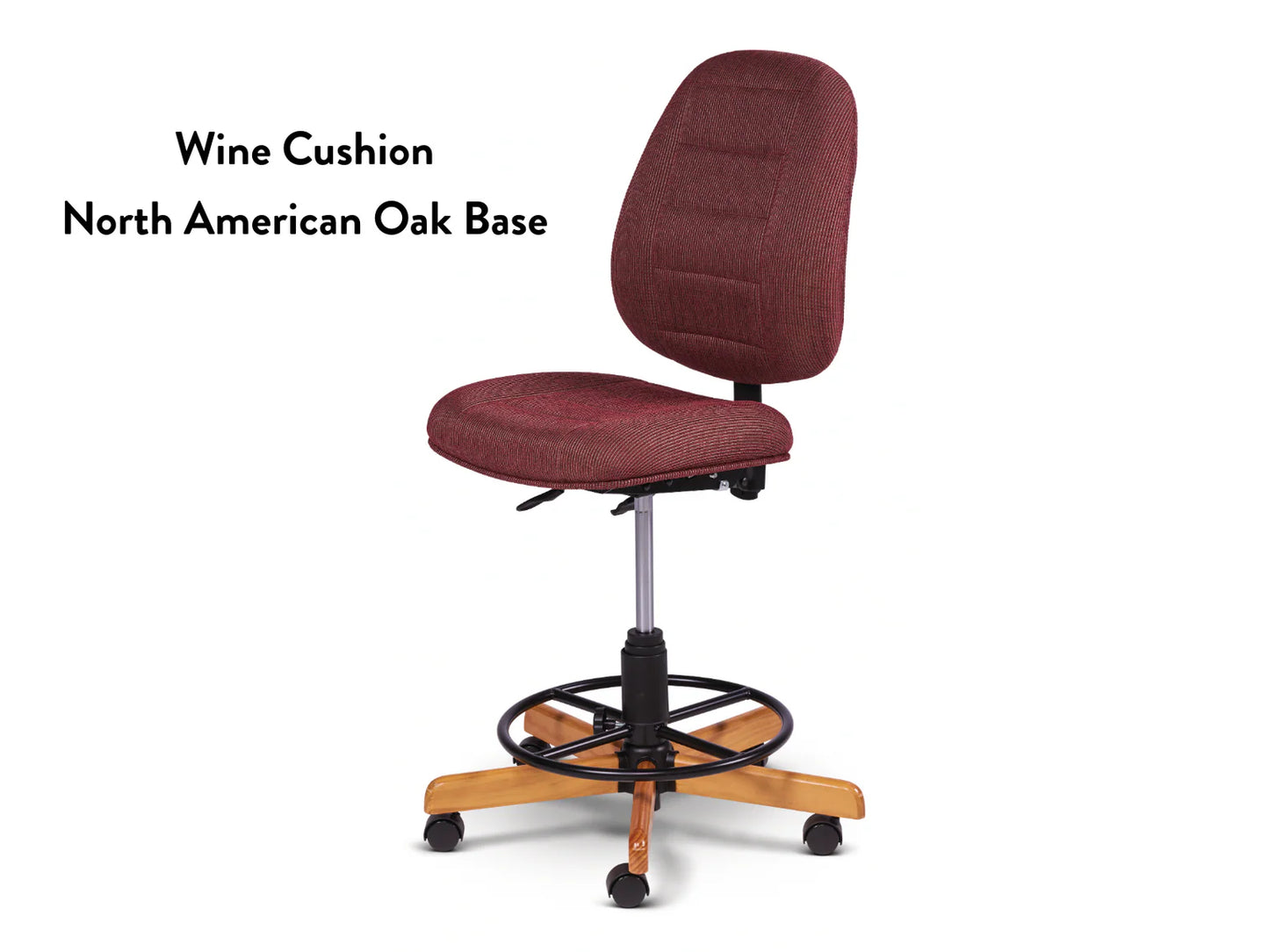 The Koala SewComfort Chair is a tall ergonomic sewing chair with a wine-colored cushion, footrest ring, and a five-wheel North American oak base. Image text: Wine Cushion North American Oak Base.