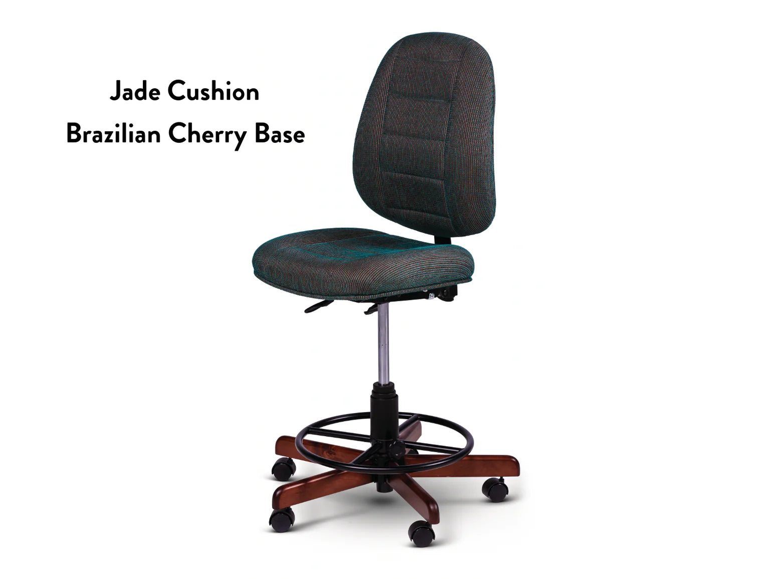 The Koala SewComfort Chair features a jade cushion, adjustable height, foot ring, and a Brazilian cherry wood base with five wheels. Text on the left reads: Jade Cushion Brazilian Cherry Base.