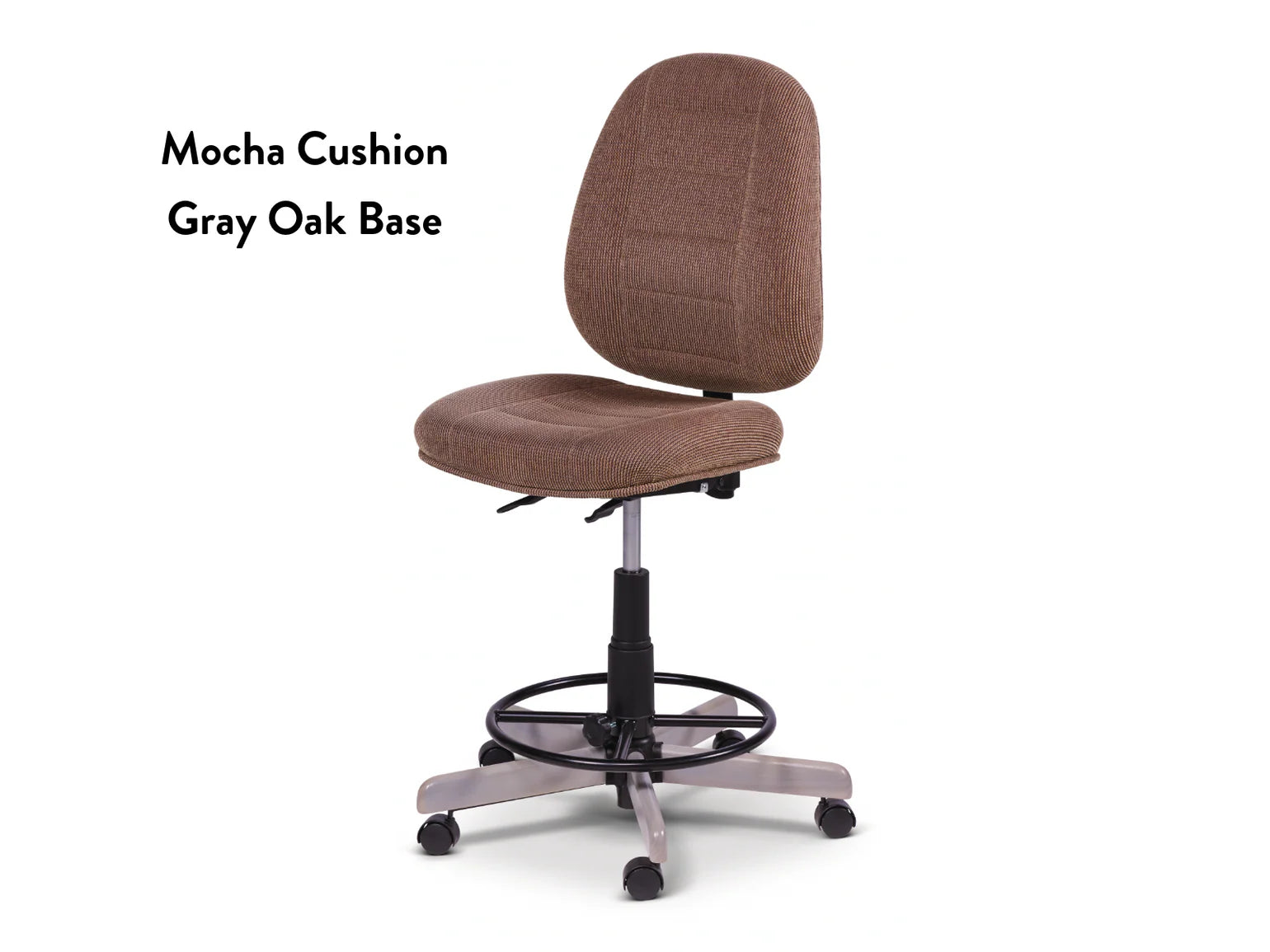 The Koala SewComfort Chair features a mocha ergonomic cushion, adjustable height, foot ring, and five gray oak legs with black wheels. The text on the left reads: Mocha Cushion Gray Oak Base.