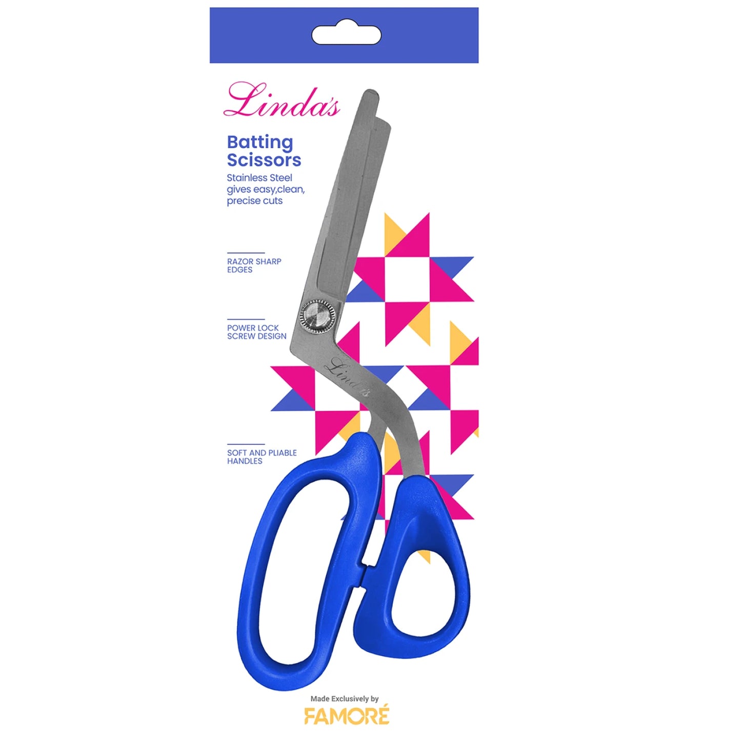 Linda's Batting Scissors Blue detail view of comfort grip handle