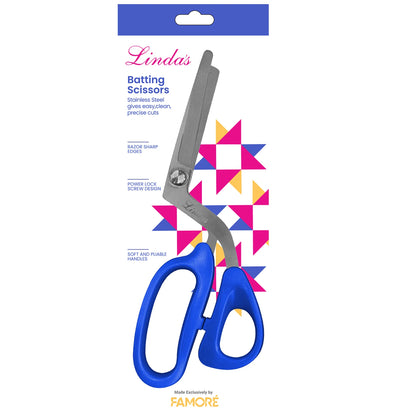 Linda's Batting Scissors Blue detail view of comfort grip handle