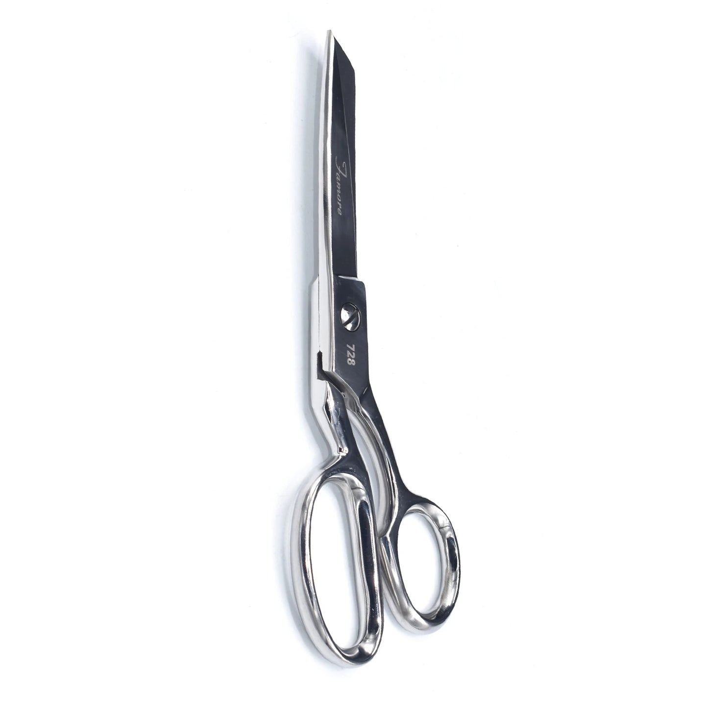 The Famore 8in Heavy Duty Razor Edge Fabric Shears by Checker Distributor feature one rounded and one pointed blade—ideal for sewing projects. Shiny stainless steel, displayed against a plain white background.