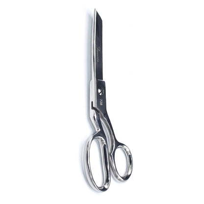 The Famore 8in Heavy Duty Razor Edge Fabric Shears by Checker Distributor feature one rounded and one pointed blade—ideal for sewing projects. Shiny stainless steel, displayed against a plain white background.