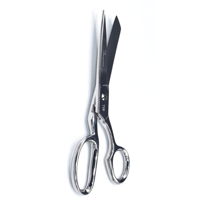 The Famore 8in Heavy Duty Razor Edge Fabric Shears by Checker Distributor feature shiny silver blades—one angled open—photographed on white, perfect for sewing projects and precise pattern cutting.