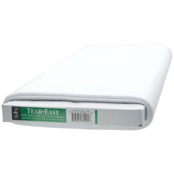 A folded piece of white, fabric-like Checker Distributor Tear Easy Tear-Away Stabilizer (20in wide) with a visible label at the end.