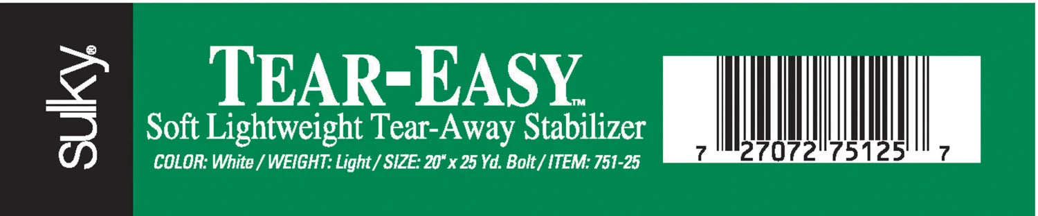 Green and white label for Checker Distributor Tear Easy Tear-Away Stabilizer White, 20in x 25 yd bolt, lightweight embroidery stabilizer. Includes barcode and product details: COLOR: White / WEIGHT: Light / SIZE: 20 x 25 yd. / ITEM: 751-25.
