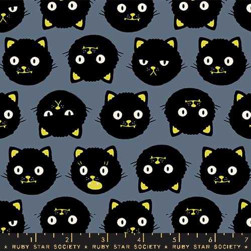 Good Spirits Black on Denim Glow Cat Heads Fabric Yardage Product Photo