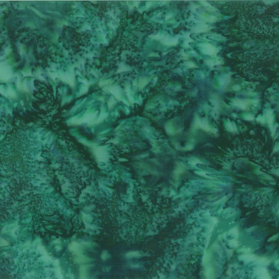 The 1895 Watercolors Mallard Batik 108" wide quilt backing fabric by Hoffman features swirling green marbled patterns, evoking natural stone or batik designs—ideal for your next quilting project.