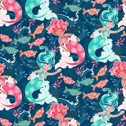 Mermaid Tails Blue Multi Mermaids Fabric Yardage