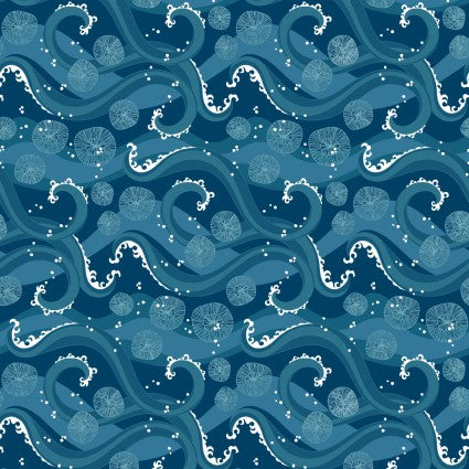 Mermaid Tails Dark Blue Waves Fabric Yardage