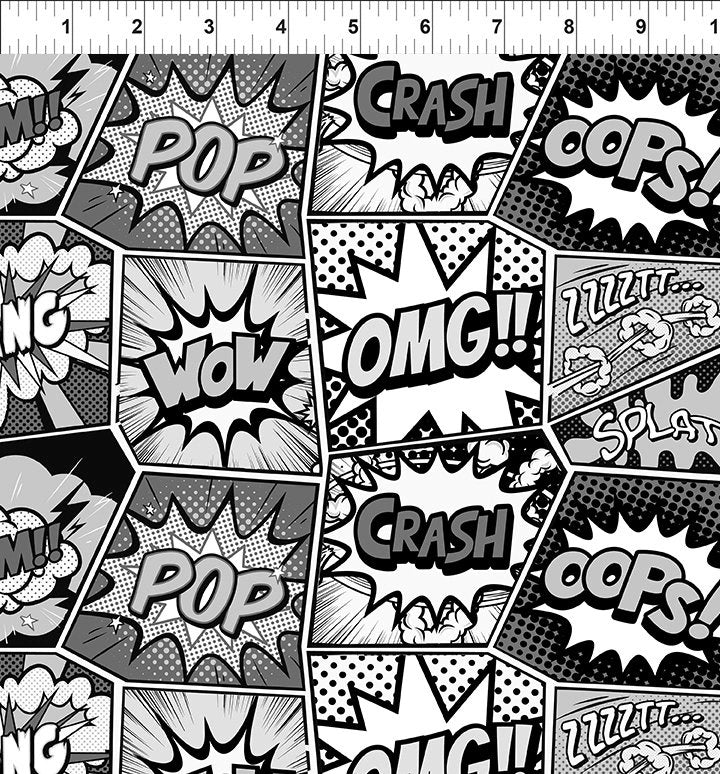 Sketchbook Prints black grey white sound effect words fabric