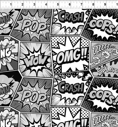 Sketchbook Prints Black, Grey, and White Sound Effect Words Fabric Yardage