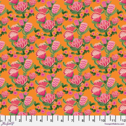 Paradise Blooms Cascading Proteas Tangerine Fabric Yardage