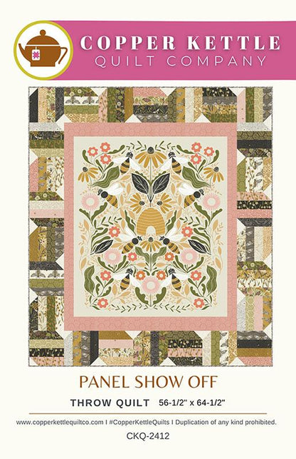 A quilt pattern for panels with birds, flowers, and a central beehive, bordered in green, pink, and beige patchwork. Text on pattern: United Notions – Panel Show Off Quilt Pattern.