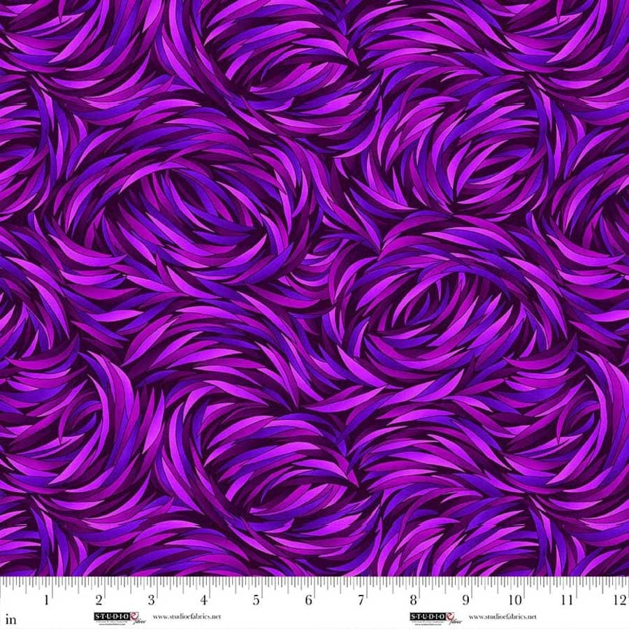 The QT Fabrics Tempest Pansy Swirl 108" Wide Quilt Backing Fabric features swirling purple and magenta brush strokes in a dynamic, textured pattern, plus a ruler with inches along the bottom edge—ideal for wide quilt backings.
