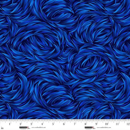 Tempest Sapphire Swirl 108" Wide 3 Yard Quilt Fabric Back Pack by QT Fabrics features blue and black abstract swirls with a ruler along the bottom. Ideal as a sapphire swirl backing for quilts and other quilting cotton projects.