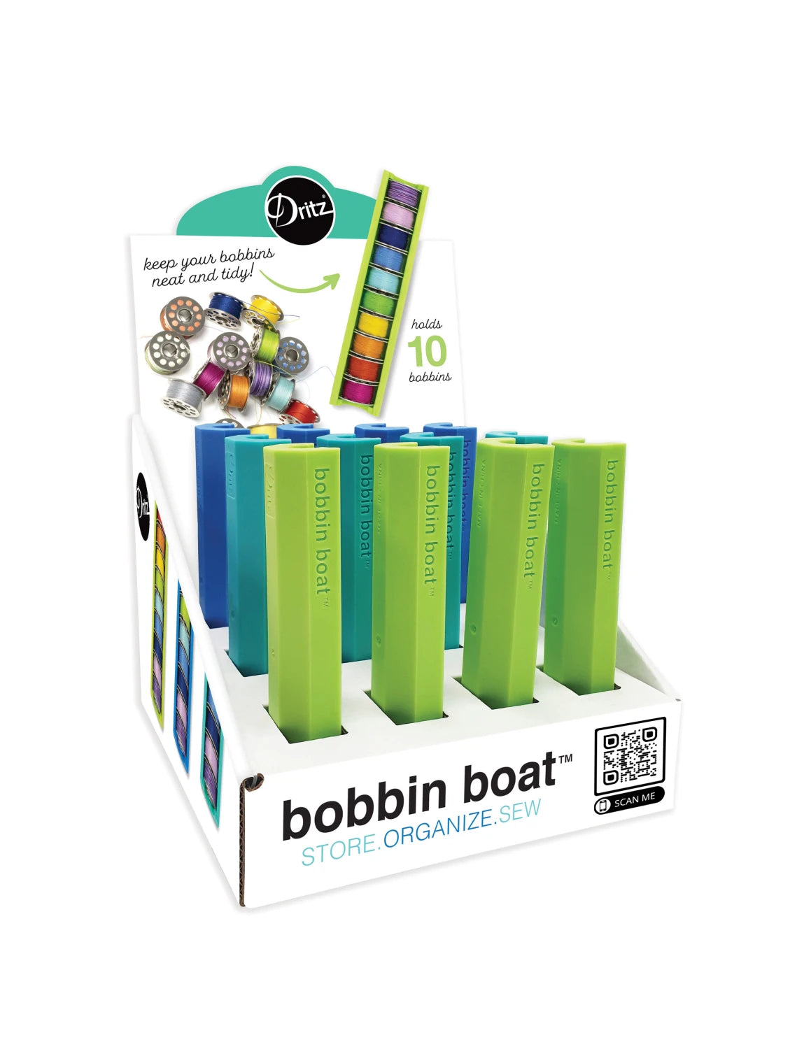 Checker Distributor’s Bobbin Boat display box features compact sewing organizers in blue, green, and teal. Each holds 10 bobbins for neat storage, with a front QR code on the packaging to highlight its use as a bobbin organizer.
