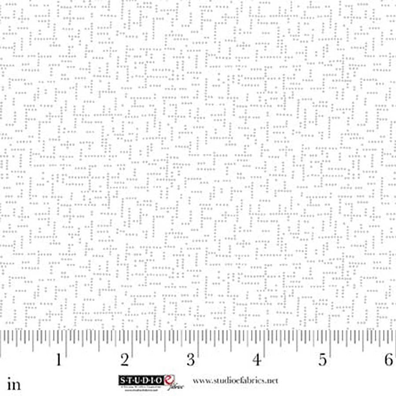 Best of Cream & Sugar White on White Dominos Fabric Yardage by Jaftex - Studio E features a subtle, irregular light gray dotted line pattern. Ruler in inches (0–6) with Studio E branding shown; perfect for quilting cotton projects.