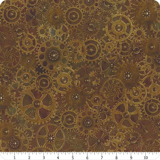 Steampunk Menagerie Brown Large Gears Fabric Yardage by In the Beginning Fabrics features interlocking brass and copper gears on a textured brown background with a ruler marking inches 1–13—ideal for steampunk fabric enthusiasts.
