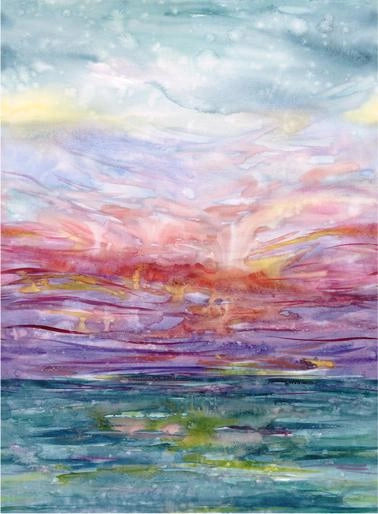 Abstract watercolor painting of a seascape at sunset, with green-blue water and vivid pink, purple, and orange clouds—echoing the dreamy hues of the Soulstice Fat Quarter Bundle by United Notions for your next quilting project.