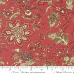 Fleur De Paris Garance Florals Fabric Yardage by United Notions features a red quilting cotton with detailed French floral patterns in cream, green, and gold, with large flowers and vines. Ruler at the edge shows scale.