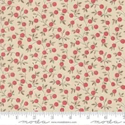 Beige quilting fabric by United Notions, named Fleur De Paris Pearl Floral Vines Fabric Yardage, features red flowers and green leaves on thin brown stems. Inch ruler shown for scale. Great for French General or floral vine projects.