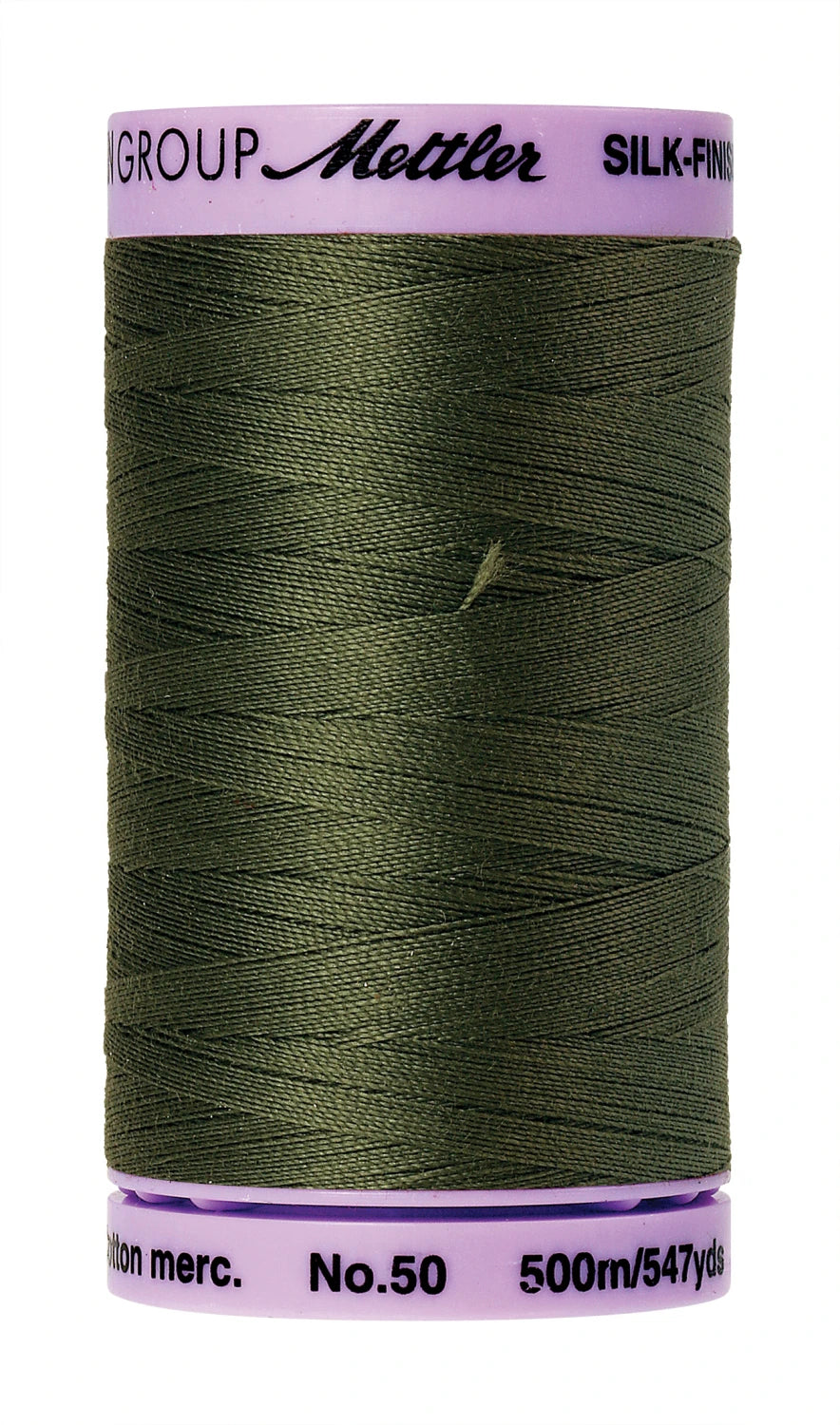 A spool of Mettler Cotton Silk Finish 50wt thread in Burnt Olive, 500m/547yds. Ideal for quilting and sewing projects.