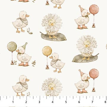 Tiny Waddles Cream Ducks Fabric Yardage by Northcott - Figo features a cute repeating pattern of cream ducks in floral costumes or party hats with balloons on a white background. Includes inch ruler for scale—ideal for nursery projects or baby quilts.