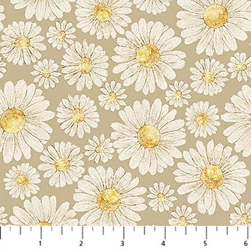Tiny Waddles Green Daisies Fabric Yardage by Northcott - Figo features white and yellow daisy patterns of varying sizes on light beige 100% cotton, with an inch-marked ruler visible along the bottom edge.