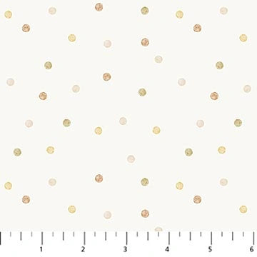 Tiny Waddles Cream Dots Fabric Yardage by Northcott - Figo features a cream background with soft yellow, brown, and beige polka dots. A ruler (1-6 inches) is shown. Made from 100% cotton, it’s perfect for quilting.