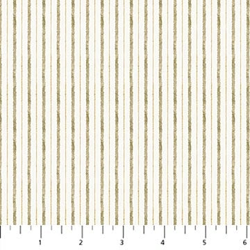 Tiny Waddles Cream Stripes Fabric Yardage by Northcott - Figo features cream-colored 100% cotton with evenly spaced vertical olive green stripes. A ruler showing inches from 0 to 6 at the bottom indicates pattern scale.