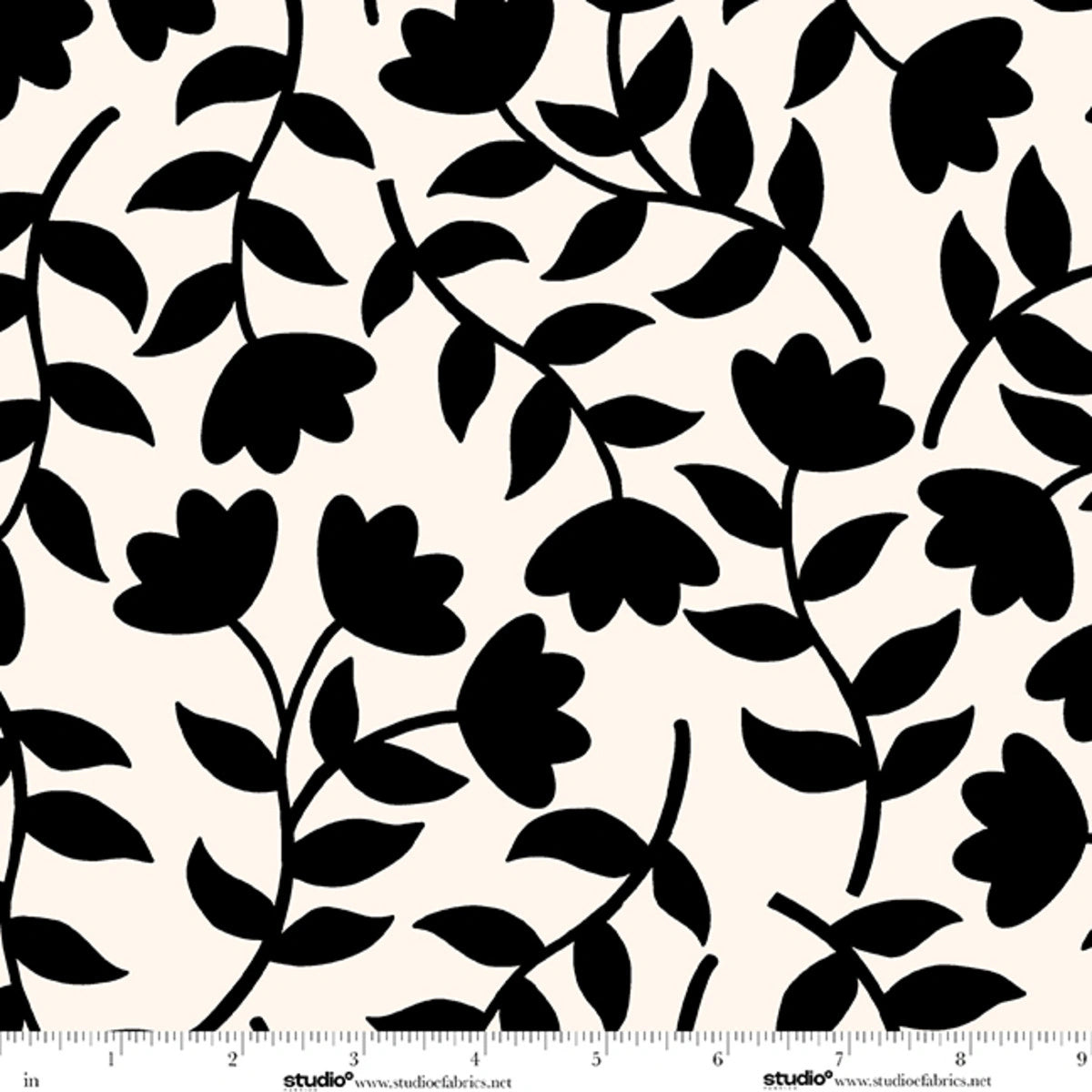Monochrome Muse Ebony on Porcelain Tossed Flower Stems Fabric Yardage - black and white floral quilting fabric
