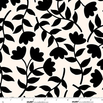 Monochrome Muse Ebony on Porcelain Tossed Flower Stems Fabric Yardage