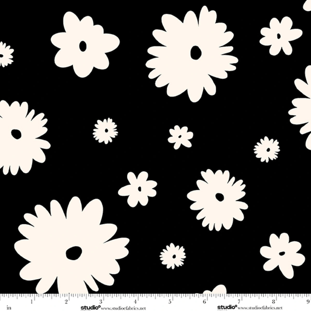Monochrome Muse Porcelain on Ebony Large Daisies Fabric Yardage - black and white daisy print quilting fabric