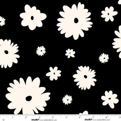 Monochrome Muse Porcelian on Ebony Large Daisies Fabric Yardage