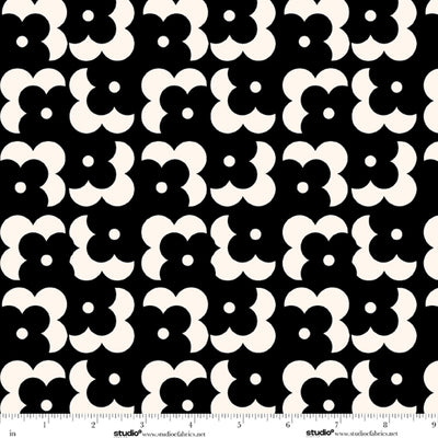Monochrome Muse Porcelain on Ebony Floral Grid Fabric Yardage