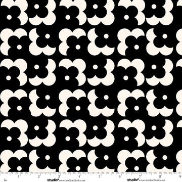 Monochrome Muse Porcelain on Ebony Floral Grid Fabric Yardage - black and white floral grid quilting fabric