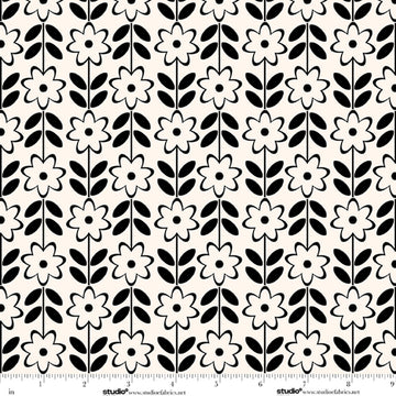 Monochrome Muse Ebony on Porcelain Floral Stripe Fabric Yardage - black and white floral stripe quilting fabric