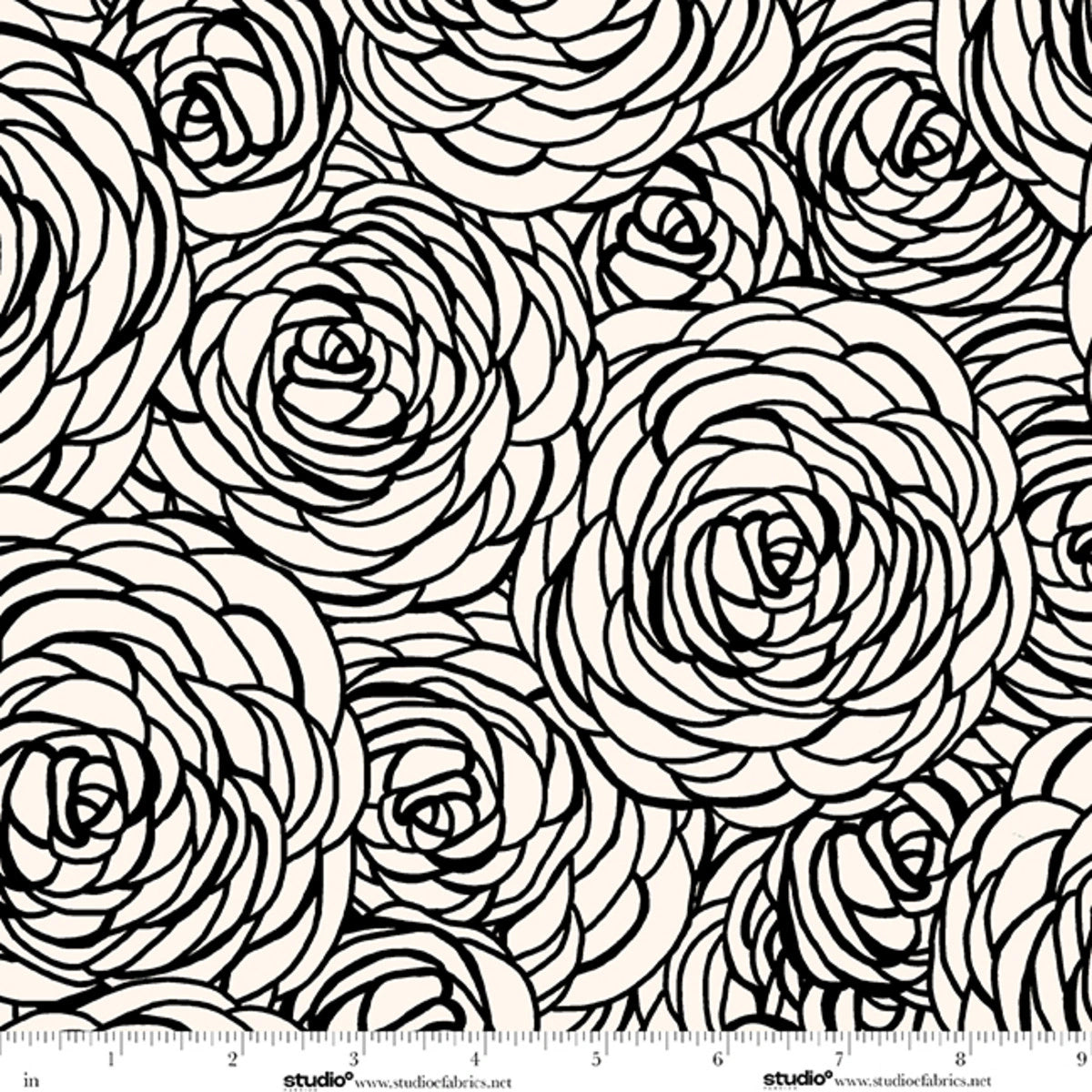 Monochrome Muse Ebony on Porcelain Peony Swirl Fabric Yardage - black and white floral quilting fabric