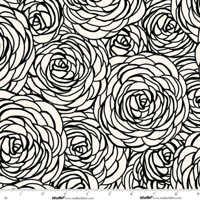 Monochrome Muse Ebony on Porcelain Peony Swirl Fabric Yardage