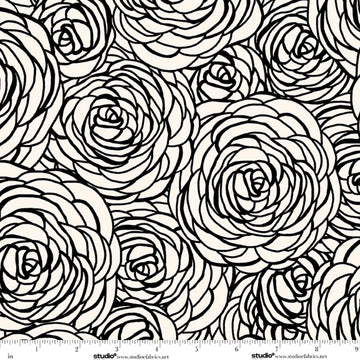 Monochrome Muse Ebony on Porcelain Peony Swirl Fabric Yardage - black and white floral quilting fabric