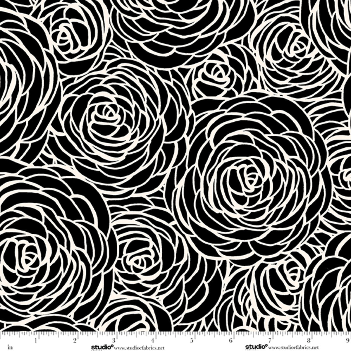Monochrome Muse Porcelain on Ebony Peony Swirl Fabric Yardage - black and white floral quilting fabric