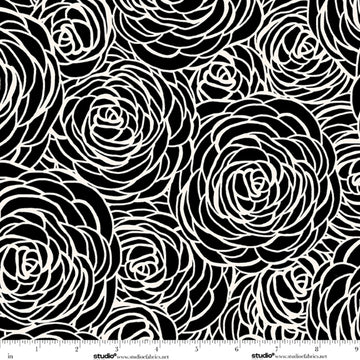 Monochrome Muse Porcelain on Ebony Peony Swirl Fabric Yardage - black and white floral quilting fabric
