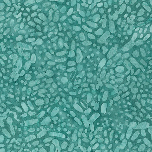 Pebbles Peacock Fabric Yardage features an abstract teal pattern with irregular, organic shapes and spots, resembling pebbles or cells. This textured, fluid design is perfect for unique fabric projects and creative sewing needs.