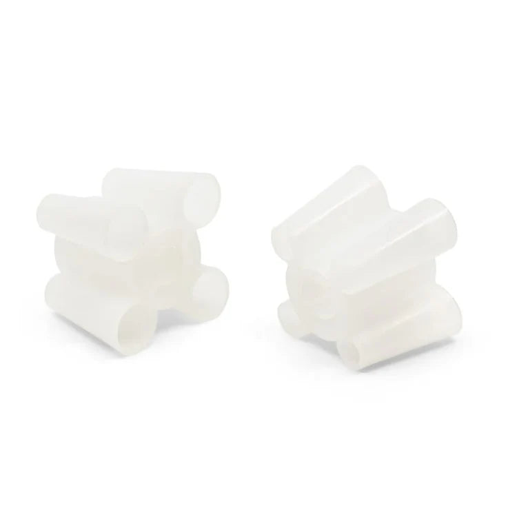 Two white, cylindrical Dritz Cone Thread Adaptors (2ct) by Checker Distributor, each with six hollow arms in a star-like design—ideal for use with sergers or sewing machines—are displayed against a plain white background.