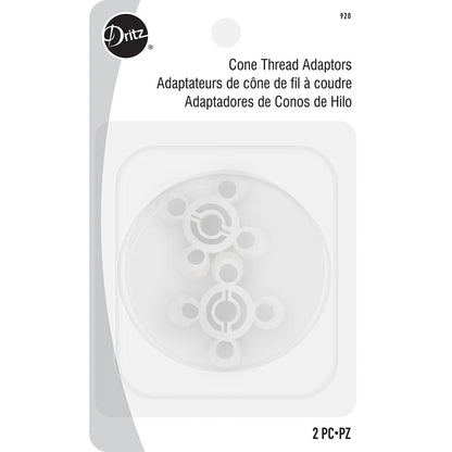 A 2-count pack of Checker Distributor Dritz Cone Thread Adaptors, white plastic for sewing machines or sergers, in clear packaging with product name in English, French, and Spanish on a white background.