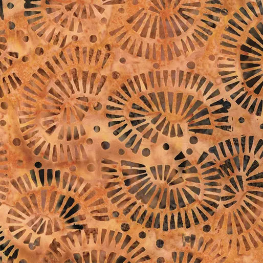 Mosaic Squash Fabric Yardage features brown and tan overlapping spirals and dots on a textured earth-toned background—ideal for fans of Benartex or geometric fabric styles.