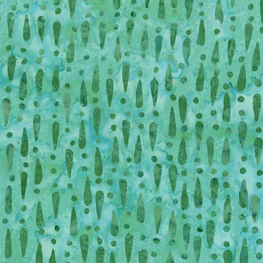 The Teardrops Spearmint Fabric Yardage features an abstract teal and green pattern with elongated teardrops and small dots, creating a textured, organic look—ideal for sewing projects.