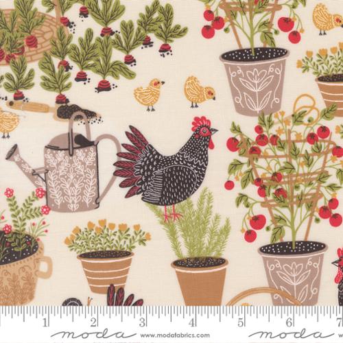 The Henhouse Chicken Garden Landscape and Nature Cloud Fabric Yardage by United Notions features chickens, chicks, plants, tomatoes, a watering can, and herbs on cream—ideal for farmhouse quilting. Ruler in image shows inches.