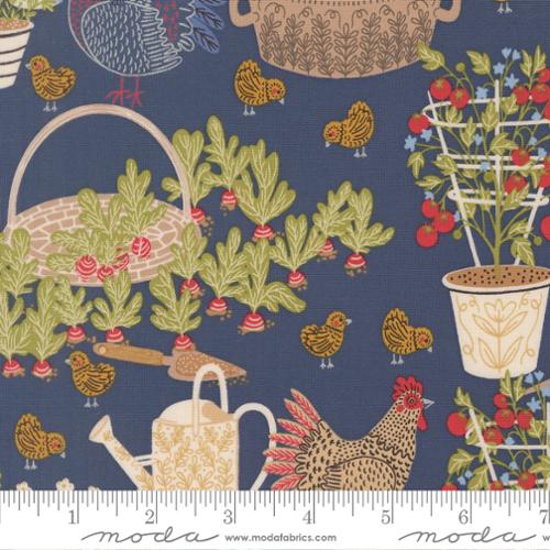 The Henhouse Chicken Garden Landscape and Nature Denim Fabric Yardage by United Notions features chickens, chicks, radishes, baskets, and more on a blue background—ideal for quilting or farmhouse projects. Ruler in photo shows scale.